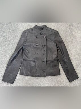 guc INC International Concepts Black Double-Breasted genuine Leather Jacket S